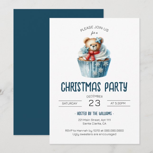 Niedlich Bear Blue Weihnachts-Party Einladung (Vorne/Hinten)