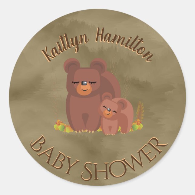 Niedlich Bear Cub Boy Mutter Kinderdusche Woodland Runder Aufkleber (Vorderseite)