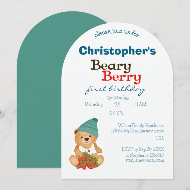 Niedlich Bear Erdbeeren Beary Berry Erster Geburts Einladung (Vorne/Hinten)
