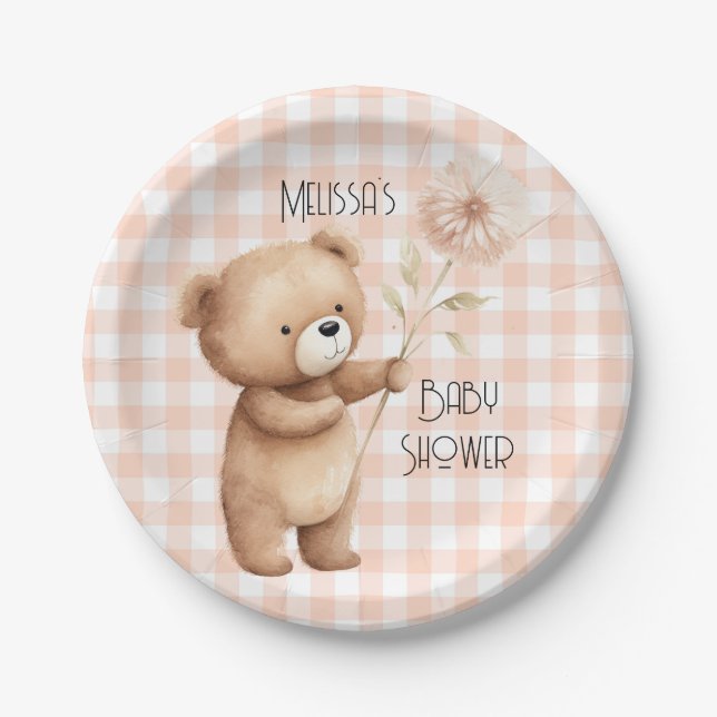 Niedlich Bear Gingham Pattern Baby Boy Dusche Pappteller (Vorderseite)