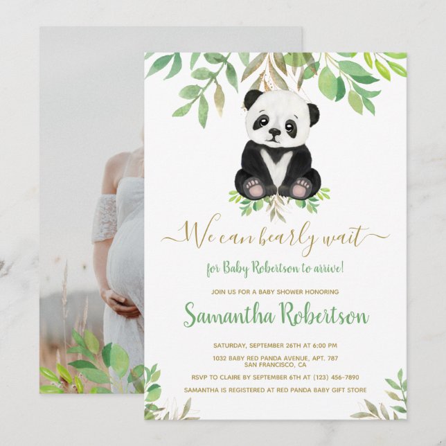 Niedlich Bear Gold Eucalyptus Baby Dusche Foto Einladung (Vorne/Hinten)