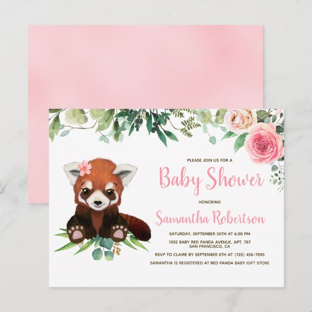 Niedlich Bear Wasserfarbe Rosa Blütendusche Einladungspostkarte (Vorne/Hinten)