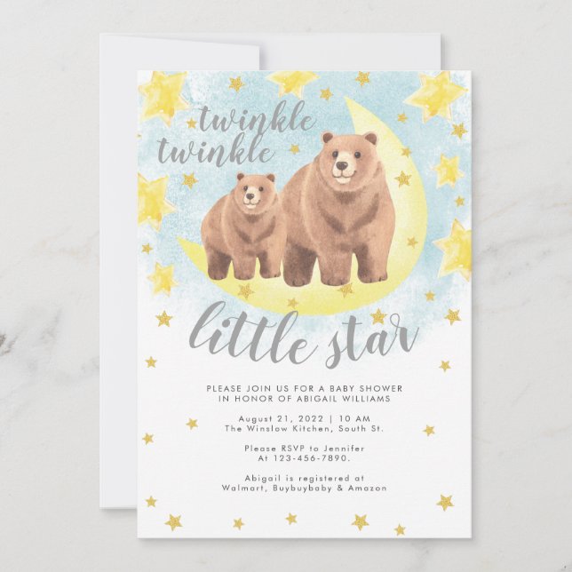Niedlich Bears Gold Twinkle Little Star Baby Dusch Einladung (Vorderseite)