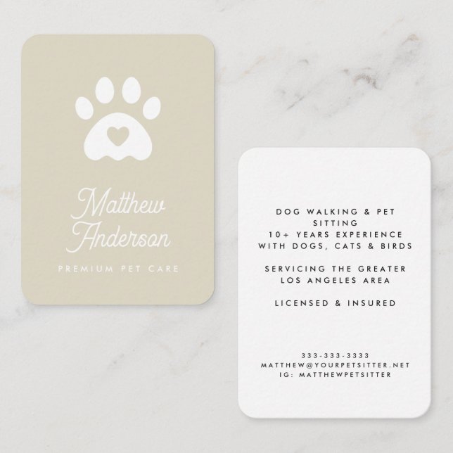 Niedlich Beige Heart Paw Print Pet Sitter Dog Walk Visitenkarte (Vorne/Hinten)