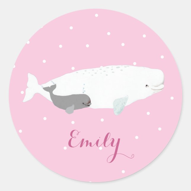 Niedlich Beluga Whale Girl Gift Individuelle Name Runder Aufkleber (Vorderseite)
