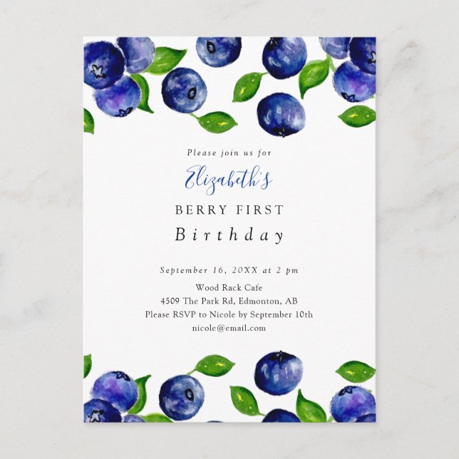Niedlich Berry First Birthday Blueberry Wasserfarb Postkarte (Vorderseite)
