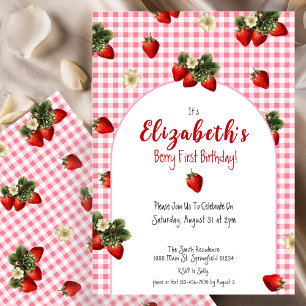 Niedlich Berry First Birthday Strawberry Red Gingh Einladung