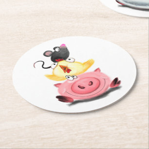 Niedlich Best Friends Piggy Chick and Mouse - Cart Runder Pappuntersetzer