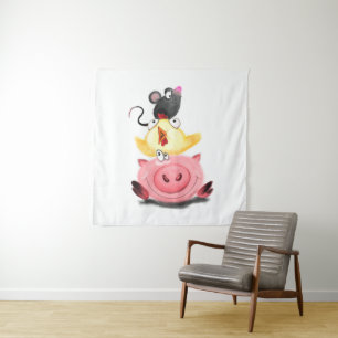 Niedlich Best Friends Piggy Chick and Mouse - Cart Wandteppich