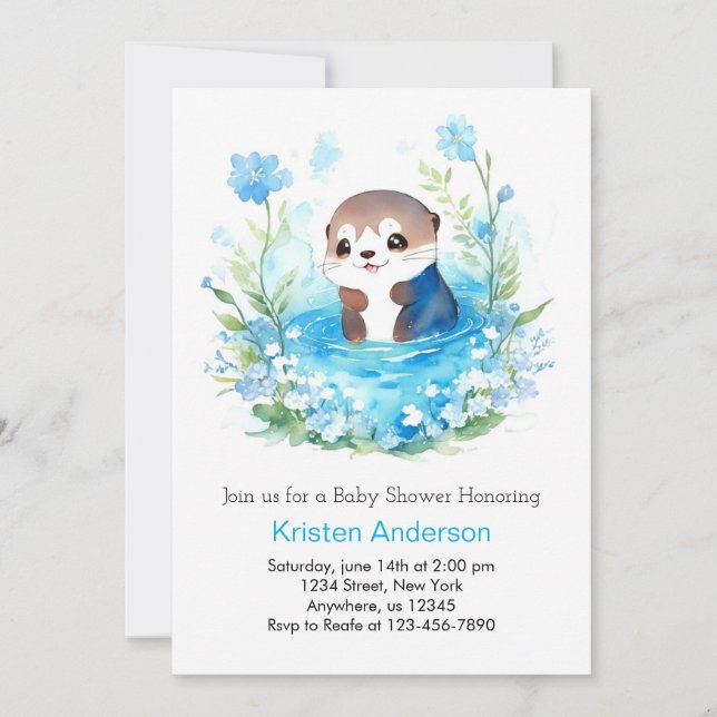 Niedlich bestellbare Blue Floral Otter Boy Baby Du Einladung (Vorderseite)