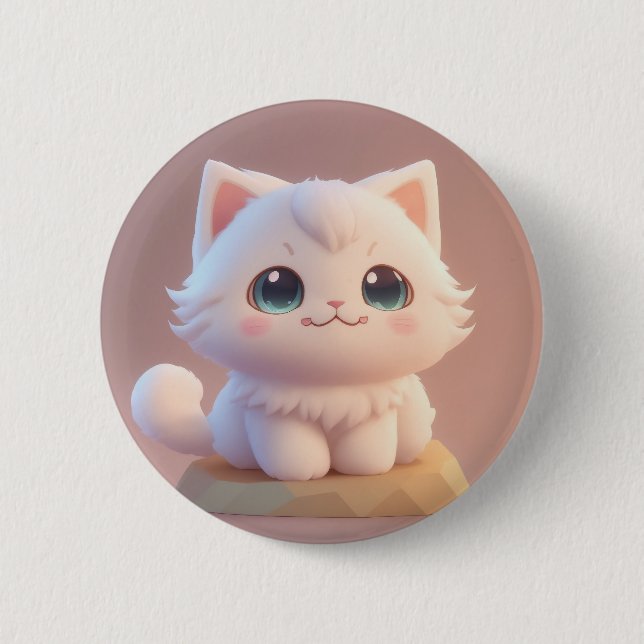 Niedlich Big Eyes Fluffy White Kitten Button (Vorderseite)