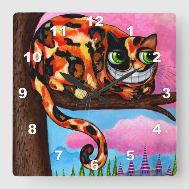 Niedlich Big Green Eyes Calico Cheshire Cat Quadratische Wanduhr (Vorderseite)