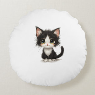 Niedlich Big Mit Augen Kitten - Chibi Black & Whit Rundes Kissen