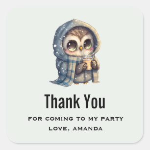 Niedlich Big Mit Augen Owl Holding ein Kaffee Part Quadratischer Aufkleber