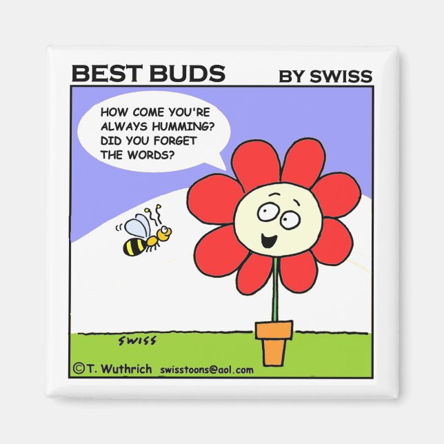 Niedlich Big Red Blume and Bumble Bee Cartoon Magnet (Vorne)