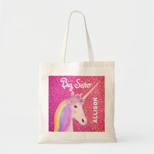 Niedlich Big Sister Unicorn Rosa Glitzer Personali Tragetasche (Vorne)