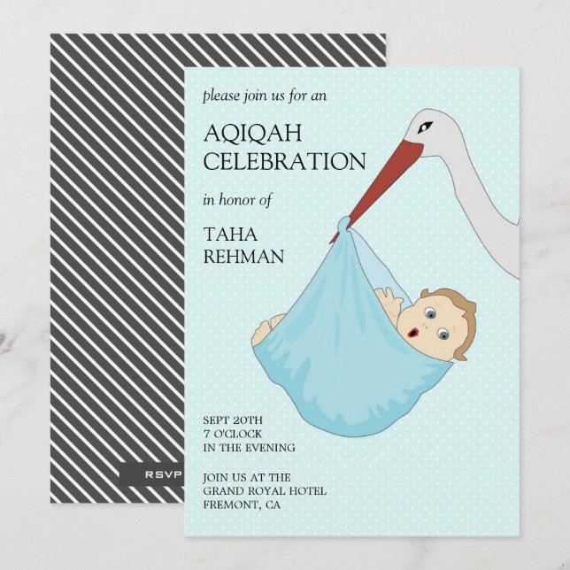 Niedlich Bird Blue Baby Boy Aqiqah Einladung (Vorne/Hinten)