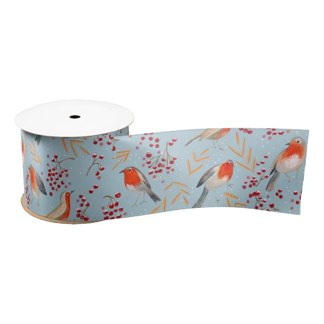 Niedlich Bird Blue Robin Winter Weihnachtsmuster Satinband (Spule)