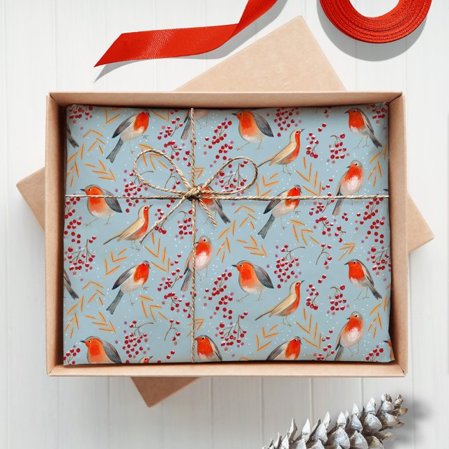 Niedlich Bird Blue Robin Winter Weihnachtsmuster Seidenpapier (Cute Bird Blue Robin Winter Christmas Pattern Tissue Paper)