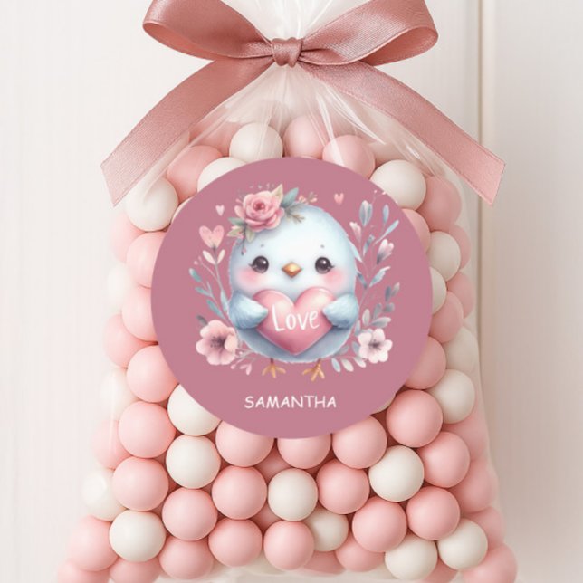Niedlich Bird Pink Heart Liebe Happy Valentines Da Runder Aufkleber (Cute bird Valentine's Day sticker)