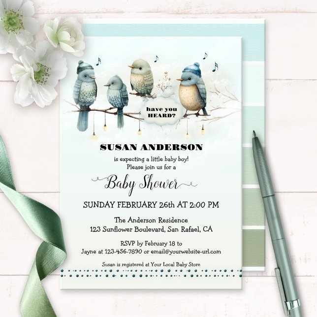 Niedlich Bird Song Artistic Baby Dusche Einladung (Baby shower invitation featuring artistic cute birds singing about the soon to arrive baby boy)