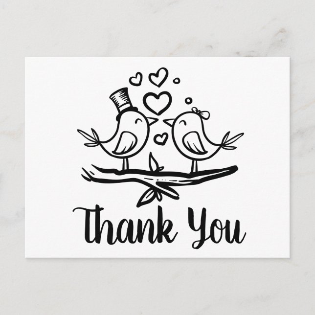 Niedlich Birds Loverbird Schwarz-weiß Wedding Dank Postkarte (Vorderseite)