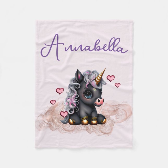Niedlich Black Baby Unicorn und Herz Fleecedecke (Vorderseite)