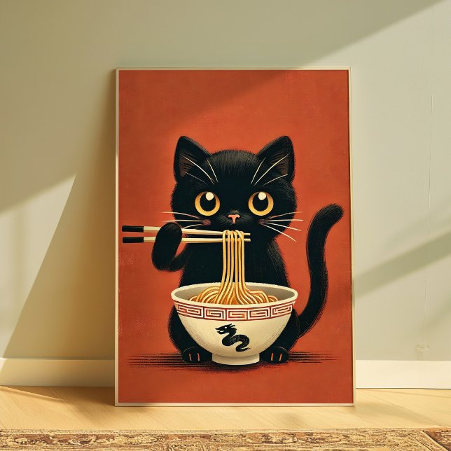 Niedlich Black Cat Eating Ramen Kawaii Noodle Wall Poster (Von Creator hochgeladen)