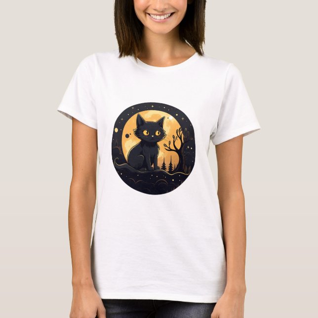 Niedlich Black Cat Full Moon Modernes Halloween T-Shirt (Vorderseite)