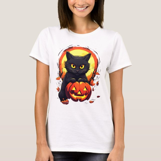 Niedlich Black Cat Full Moon Pumpkin Modern Hallow T-Shirt (Vorderseite)