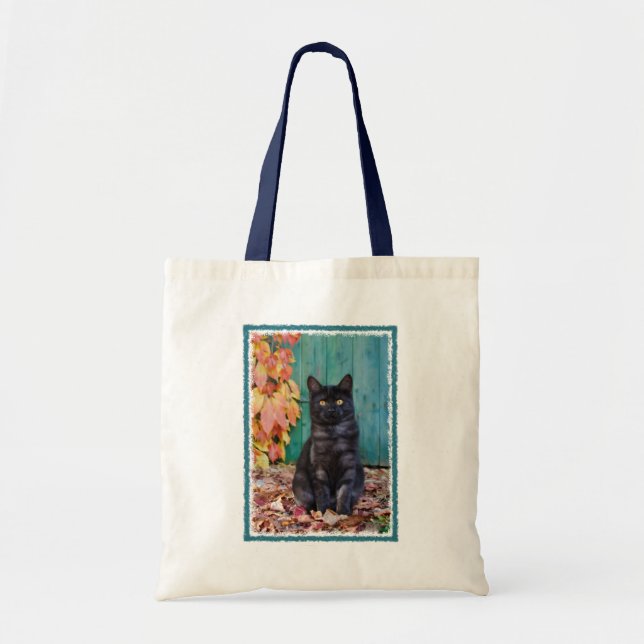 Niedlich Black Cat Funny Kitten Red Blätter Blue D Tragetasche (Vorne)