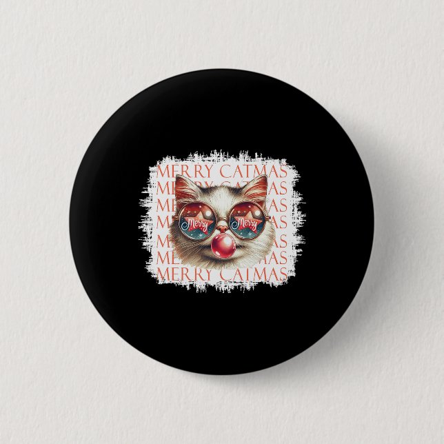 Niedlich Black Cat Funny Meowy Weihnachtslicht Wei Button (Vorderseite)