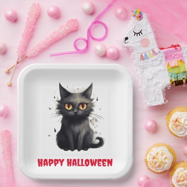 Niedlich Black Cat Halloween Pappteller (Party)