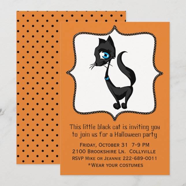 Niedlich Black Cat Halloween-Party Einladung (Vorne/Hinten)