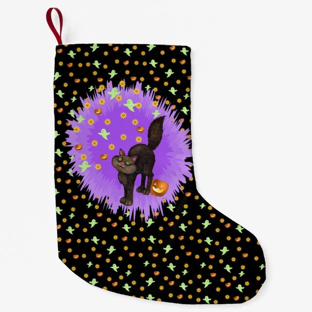 Niedlich Black Cat Halloween Stars Ghosts Pumpkins Kleiner Weihnachtsstrumpf (Vorderseite)