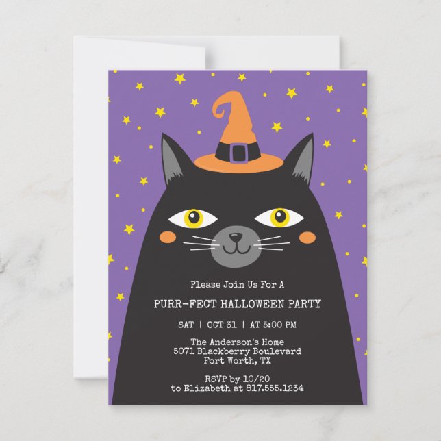 Niedlich Black Cat Kids Halloween-Party Einladung (Vorderseite)