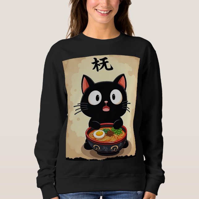 Niedlich Black Cat Ramen - Kawaii Japanische Nudel Sweatshirt (Vorderseite)