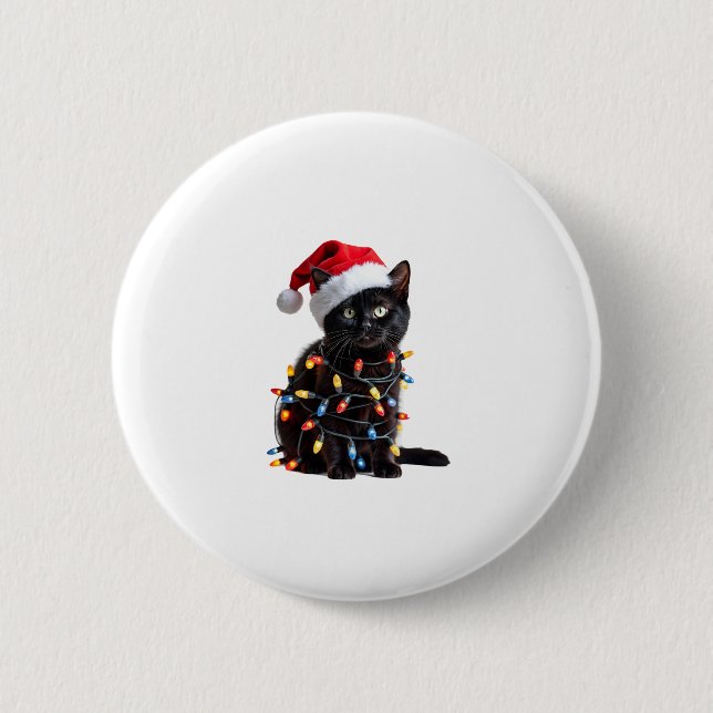 Niedlich Black Cat Santa Christmas Lights Meow Kit Button (Vorderseite)