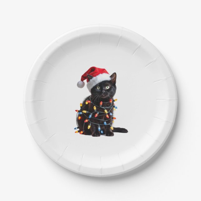 Niedlich Black Cat Santa Christmas Lights Meow Kit Pappteller (Vorderseite)