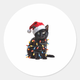 Niedlich Black Cat Santa Christmas Lights Meow Kit Runder Aufkleber