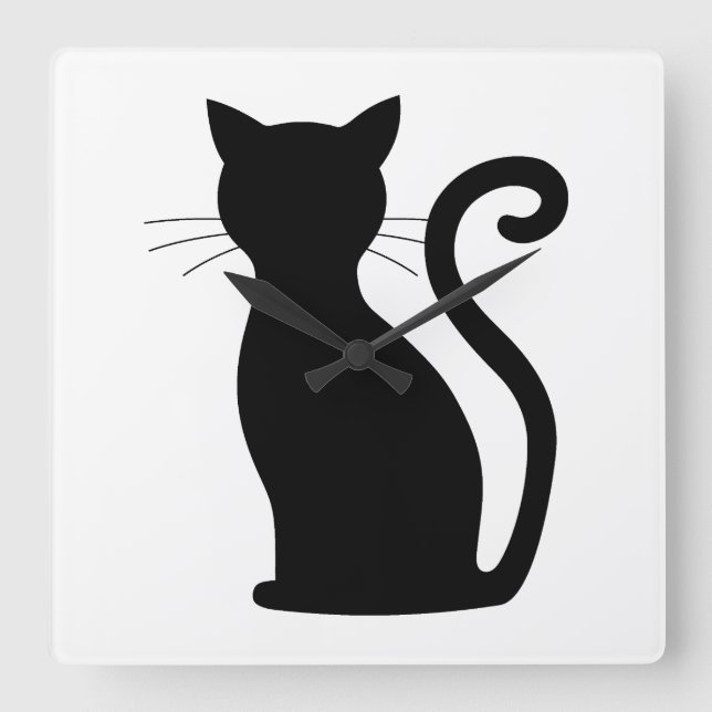 Niedlich Black Cat Silhouette Spaß Schwarz und Wei Quadratische Wanduhr (Vorderseite)