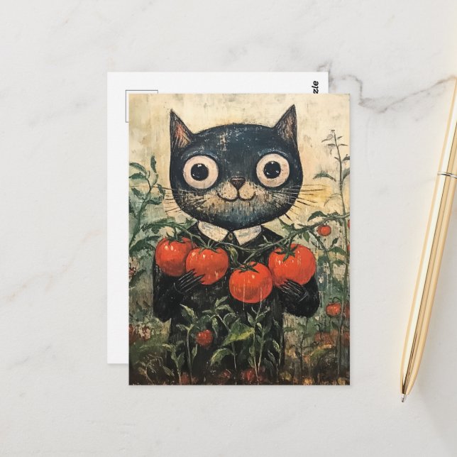 Niedlich Black Cat Tomato Gardener Postkarte (Vorderseite/Rückseite Beispiel)