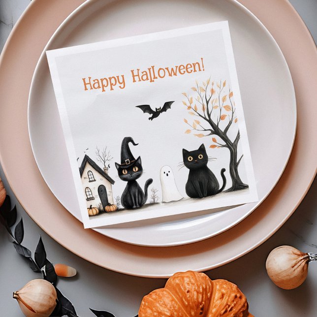 Niedlich Black Cats Halloween-Party Serviette (Cute Black Cats Halloween Party Napkins on an orange plate with autumn decoration)