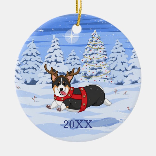 Niedlich Black Corgi Weihnachts-Rentierkostüm Keramik Ornament (Vorne)
