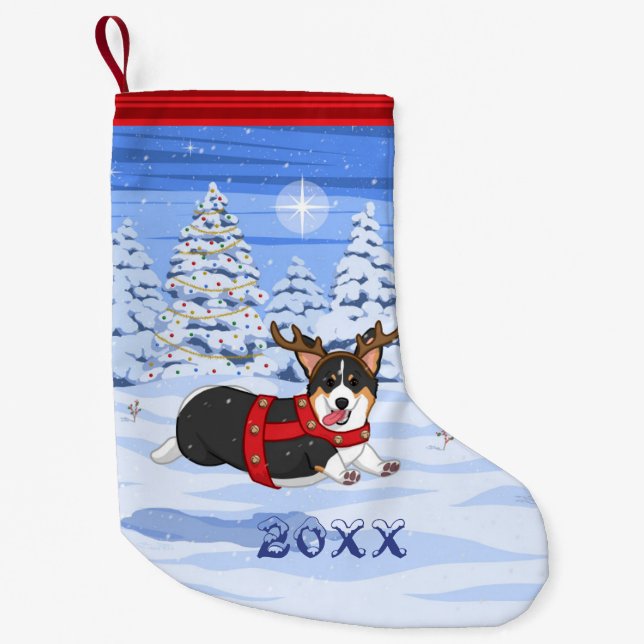 Niedlich Black Corgi Weihnachts-Rentierkostüm Kleiner Weihnachtsstrumpf (Vorderseite)