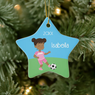 Niedlich Black Girl Soccer Personalisiertes Weihna Keramik Ornament