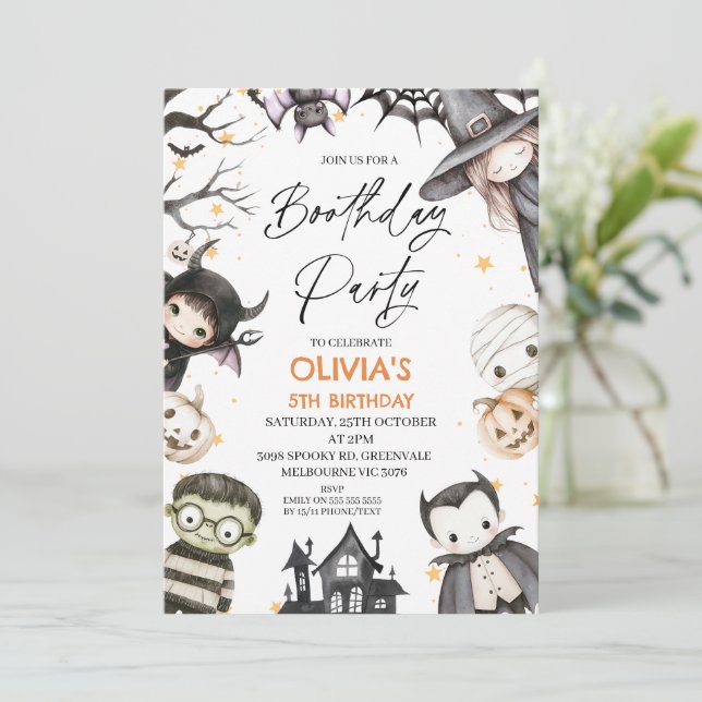 Niedlich Black Halloween Girls Boothday Party Gebu Einladung (Stehend Vorderseite)