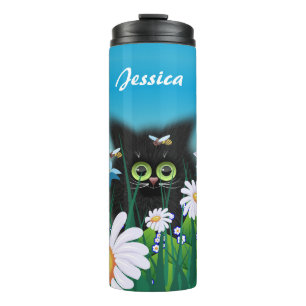 Niedlich Black Kitten and Daisis Art Personalisier Thermosbecher