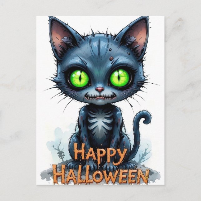 Niedlich Black Kitten Halloween Whimsical Cat Love Postkarte (Vorderseite)