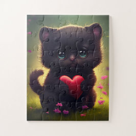 Niedlich Black Kitten Holen eines Heart Jigsaw Puz